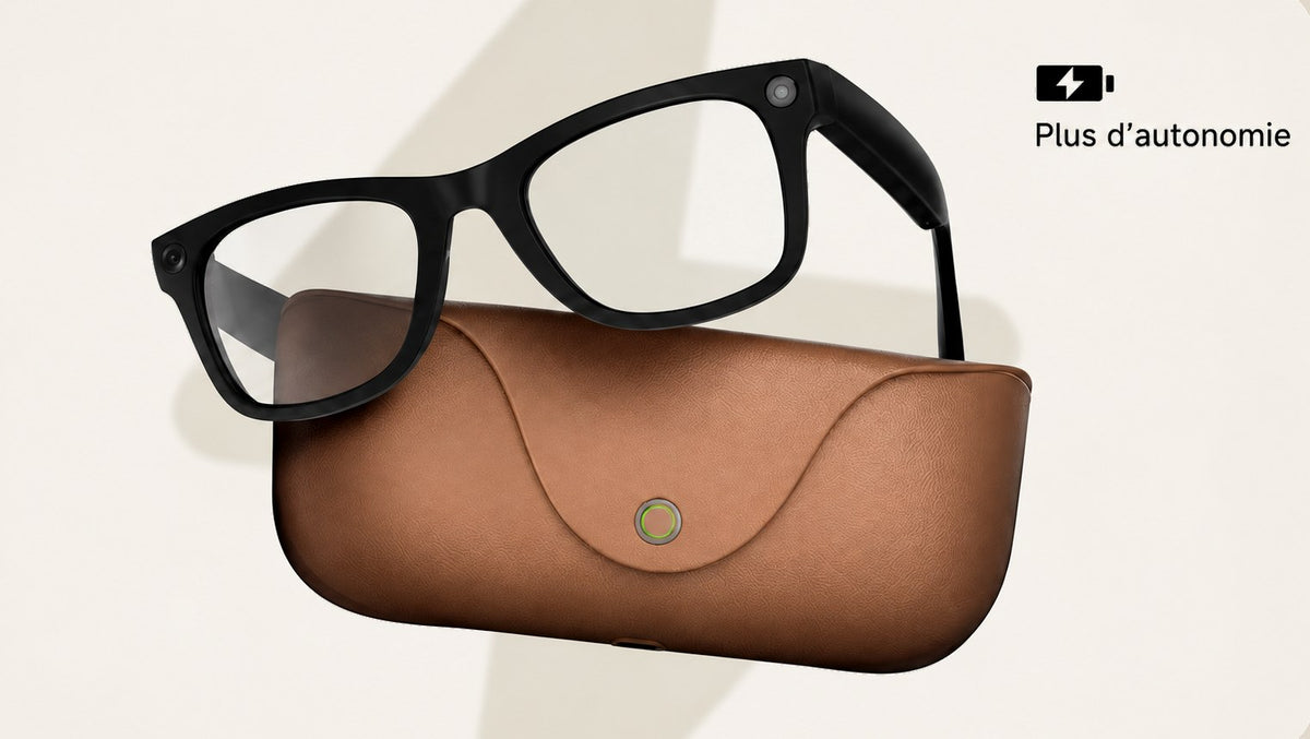 Lunettes connectées Veloria posées sur leur étui en cuir