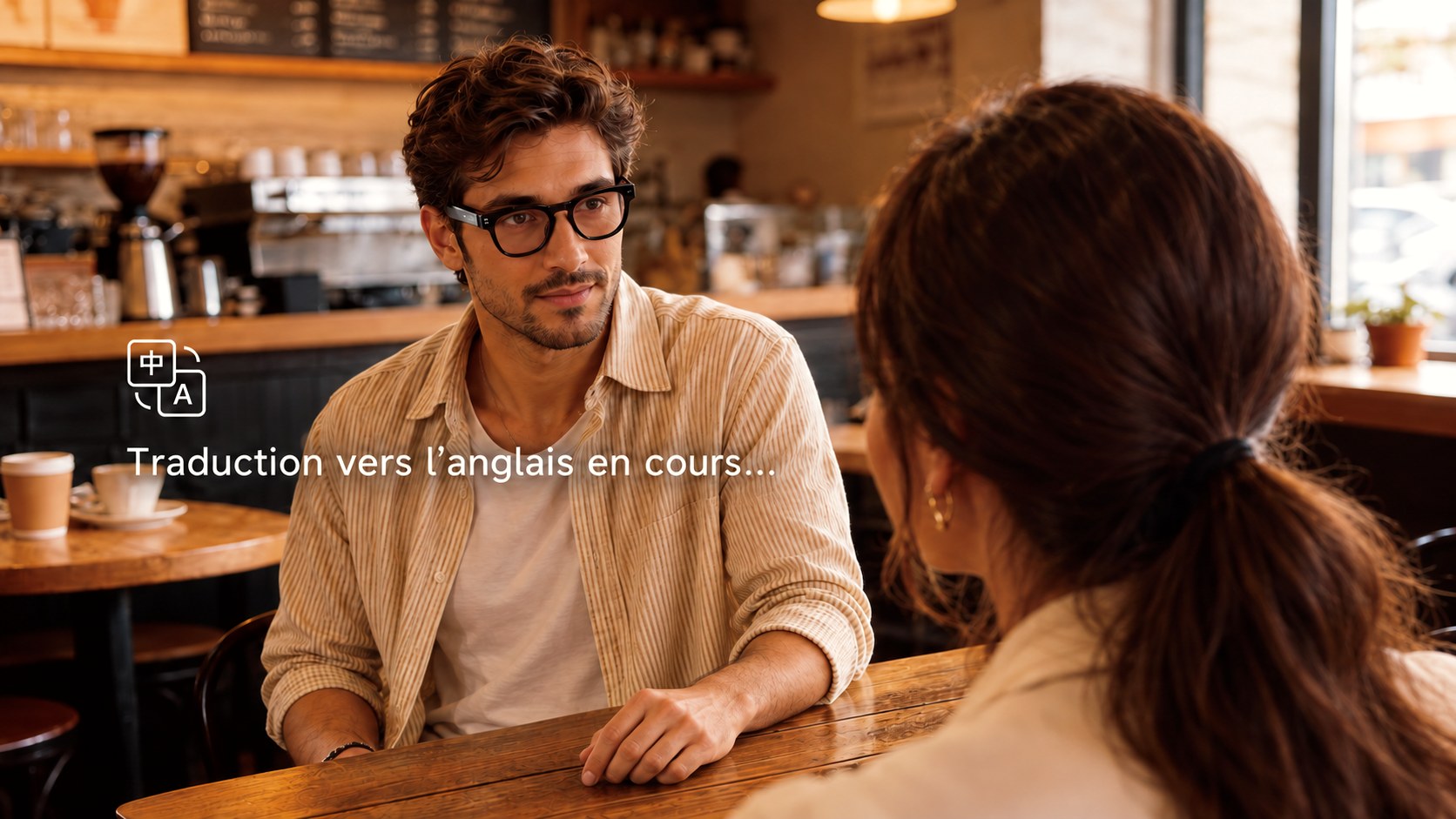 Traduction en conversation grâce aux lunettes Veloria dans un café